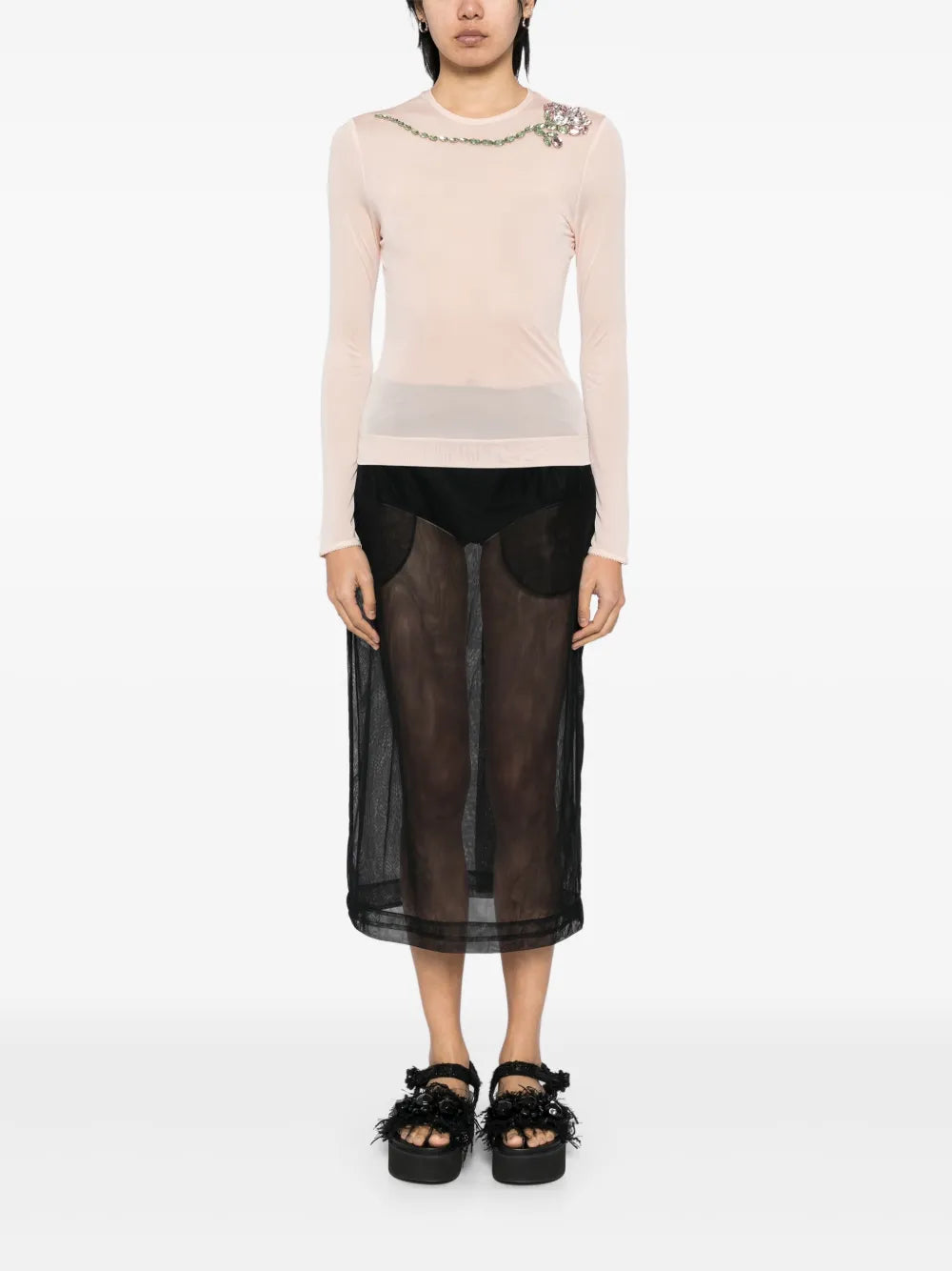 Carnation-Embellished Mesh Top