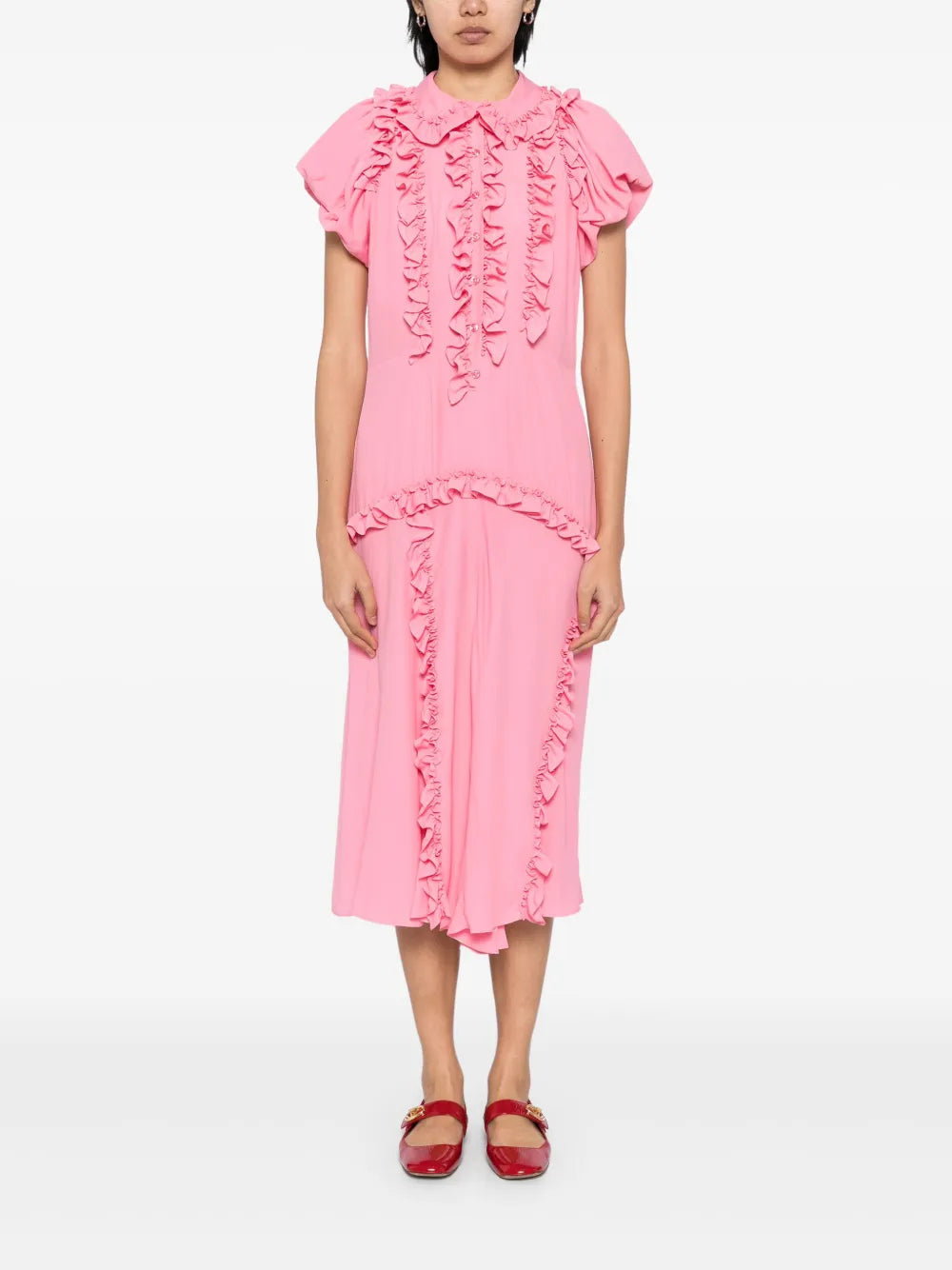 Ruffled Multi-Stitched Midi Dress