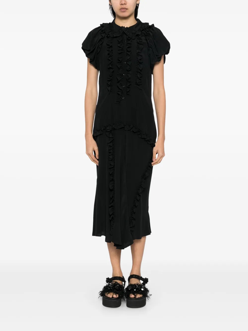Ruffled Multi-Stitched Midi Dress