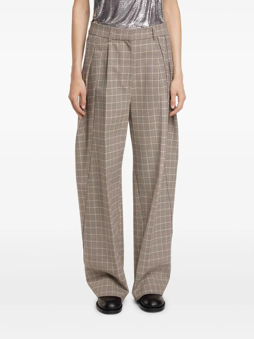Checked Pleated Wide-Leg Trousers