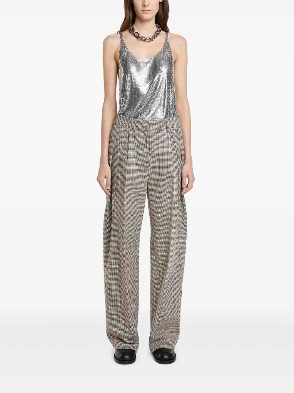 Checked Pleated Wide-Leg Trousers