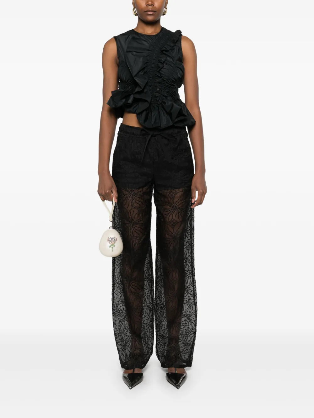 Floral-Embroidered Organza Trousers