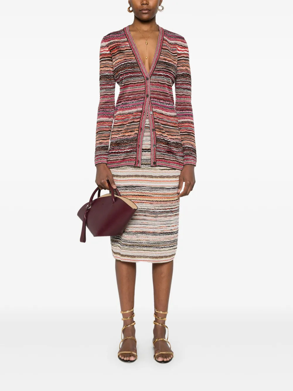 Wave-Pattern Lamé Midi Skirt