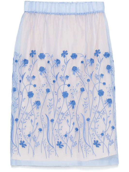 Floral-Embroidery Midi Skirt
