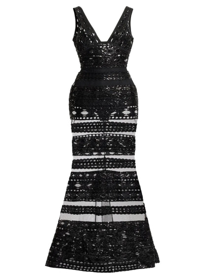 Lace-Trimmed Tulle Maxi Dress