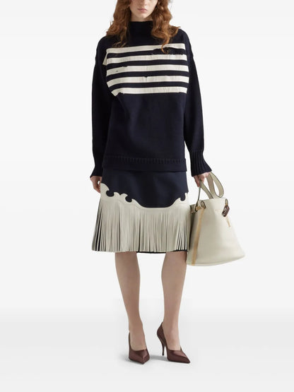 Fringed Rush-Stitch Midi Skirt
