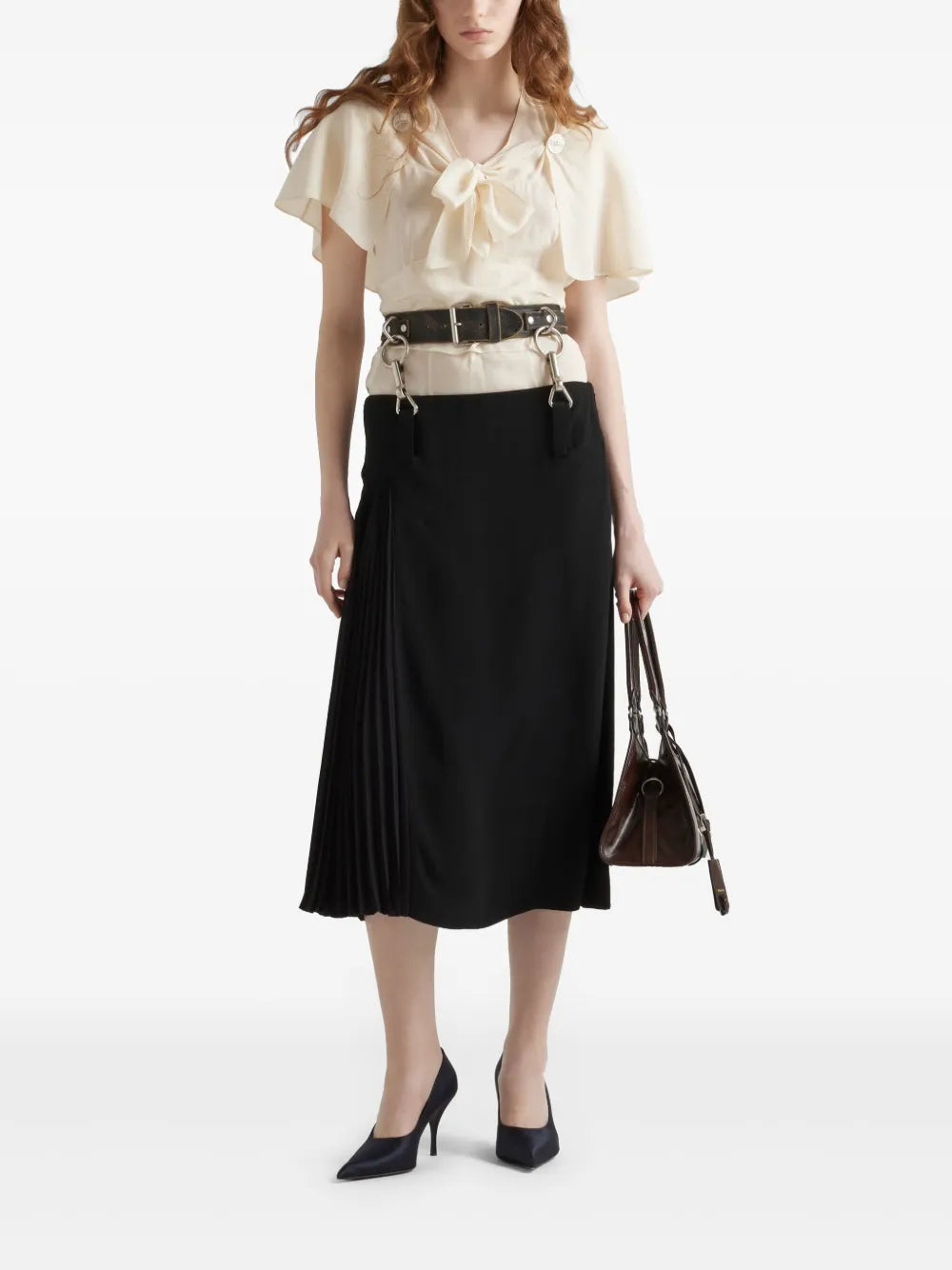 Belted Pleated Midi Skirt