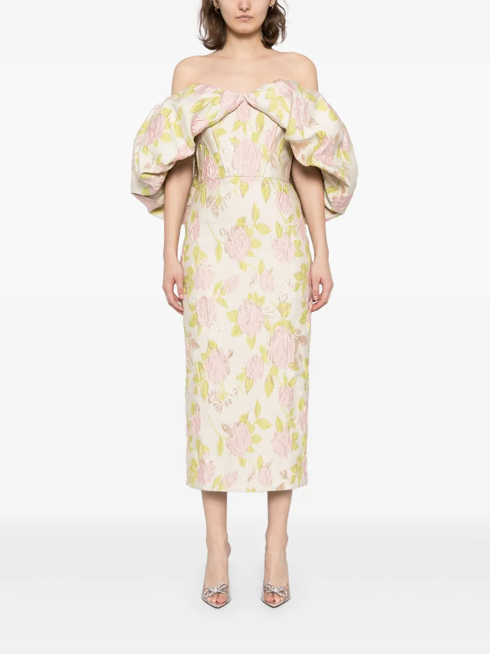 Floral-Jacquard Off-The-Shoulder Dress