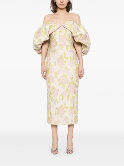 Floral-Jacquard Off-The-Shoulder Dress