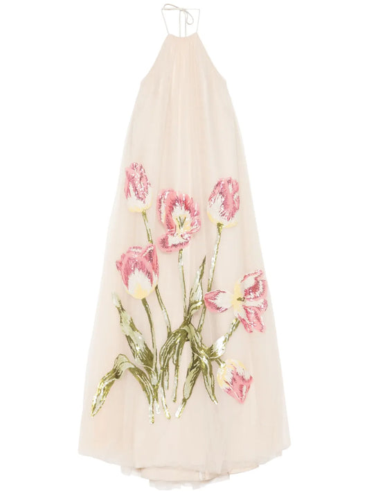 Tulip Sequin Appliqué Halter Dress