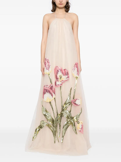 Tulip Sequin Appliqué Halter Dress