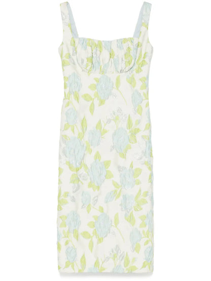 Floral-Jacquard Square-Neck Dress