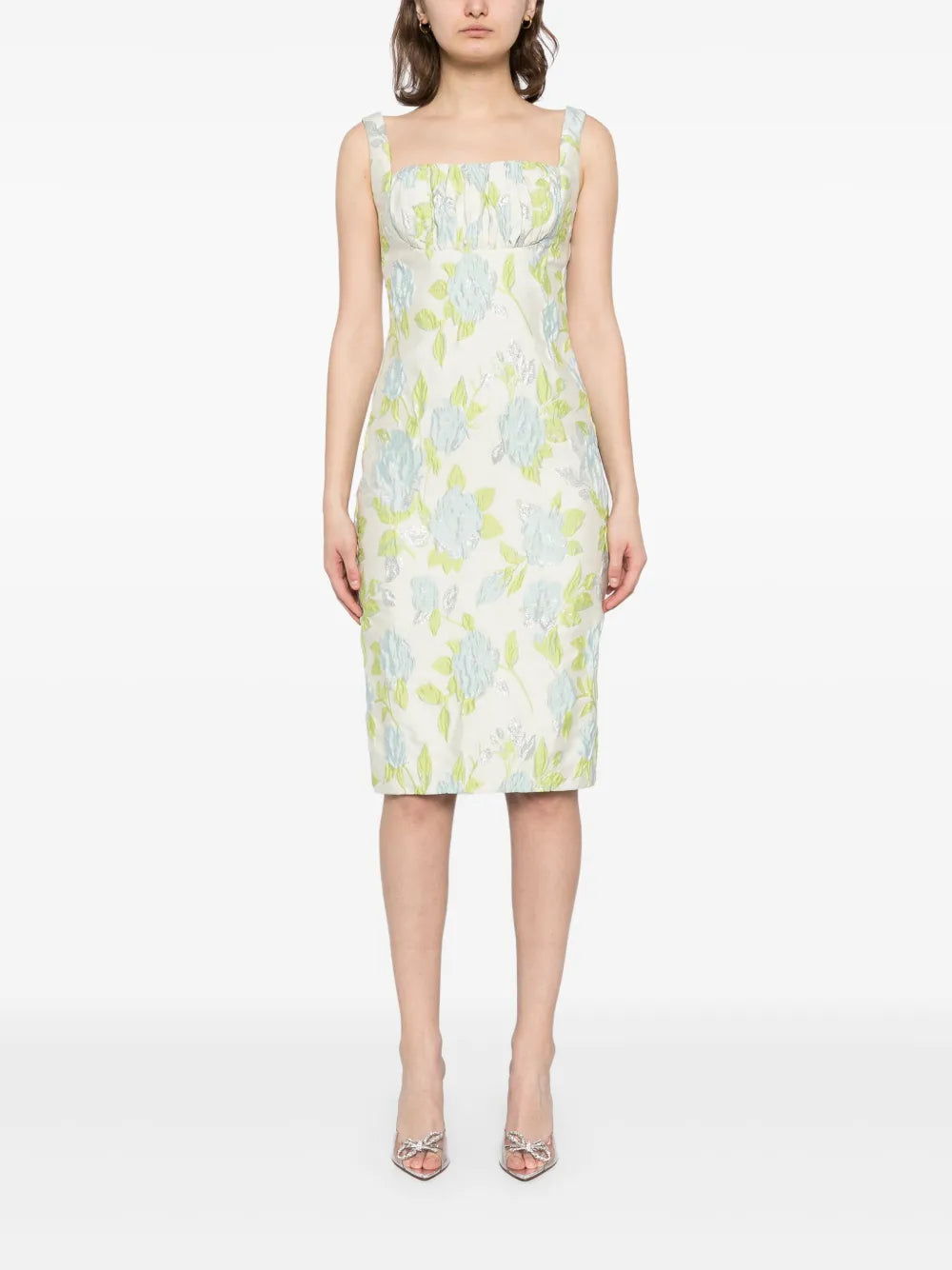 Floral-Jacquard Square-Neck Dress