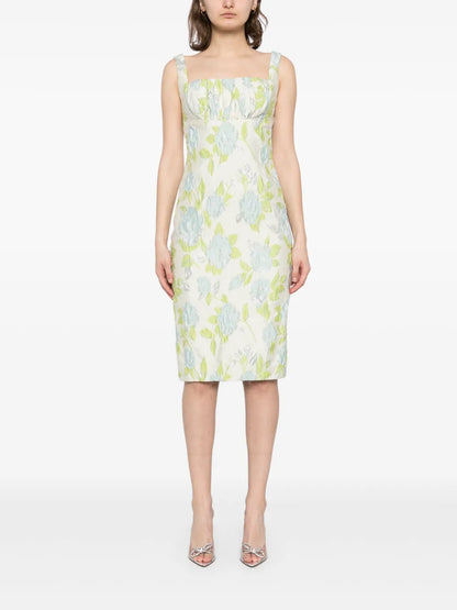 Floral-Jacquard Square-Neck Dress