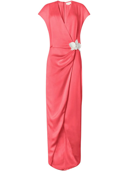 Orchid-Brooch Draped Maxi Dress