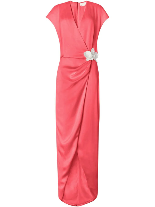 Orchid-Brooch Draped Maxi Dress