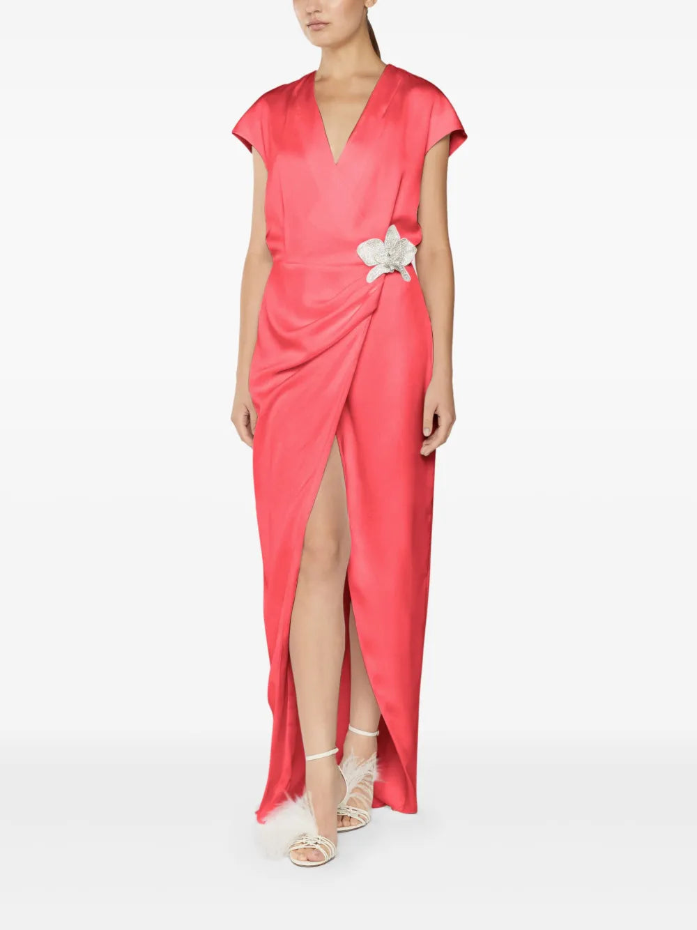 Orchid-Brooch Draped Maxi Dress