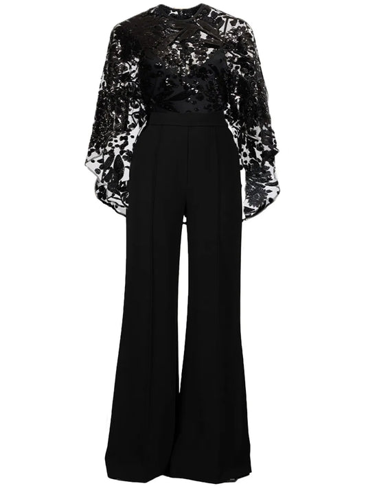 Cape-Detail Embroidered Jumpsuit