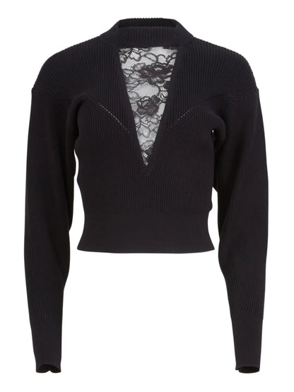Lace-Insert Cropped Sweater