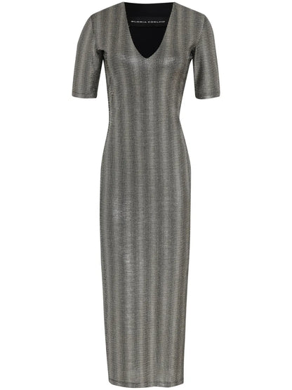 Mesh Shoulder-Pads Midi Dress