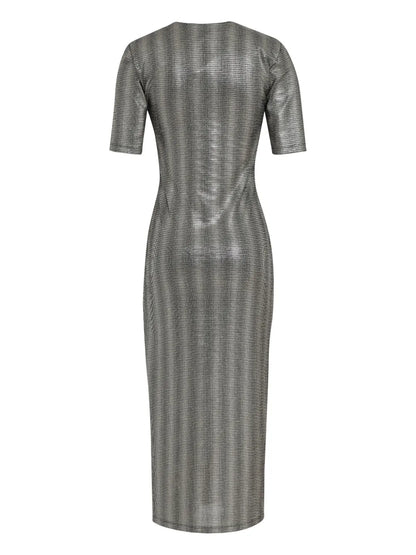 Mesh Shoulder-Pads Midi Dress