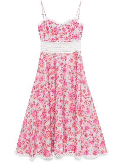 Floral-Print Linen Midi Dress