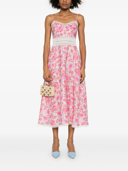 Floral-Print Linen Midi Dress