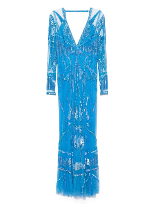 Art Deco-Embroidered V-Neck Gown