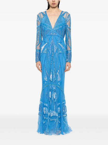 Art Deco-Embroidered V-Neck Gown