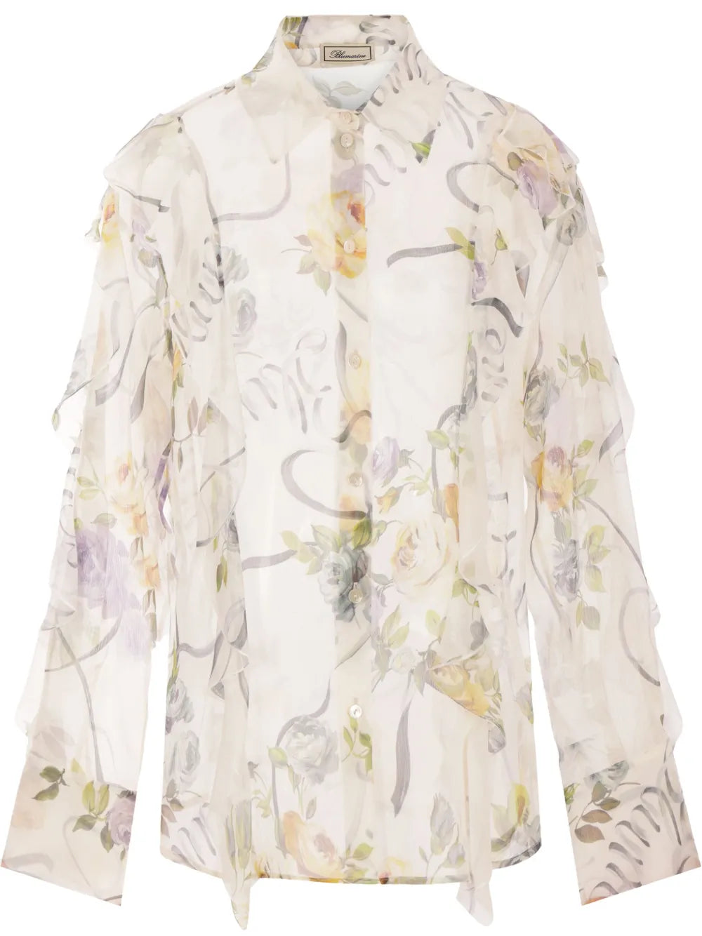 Ruffled Floral-Print Silk Blouse