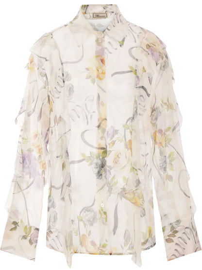 Ruffled Floral-Print Silk Blouse