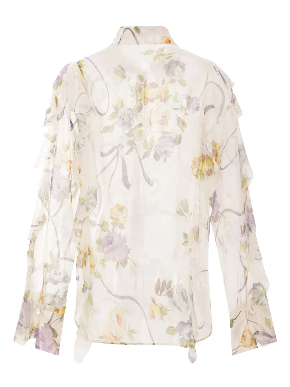 Ruffled Floral-Print Silk Blouse
