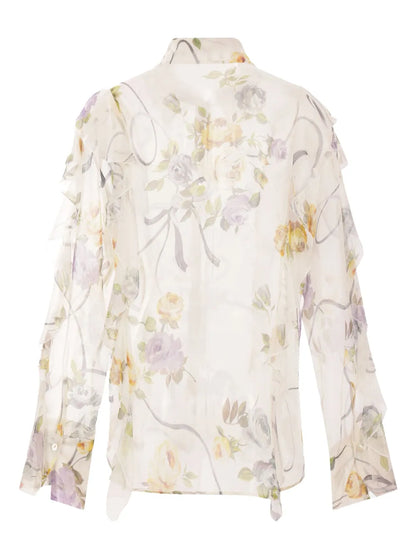 Ruffled Floral-Print Silk Blouse