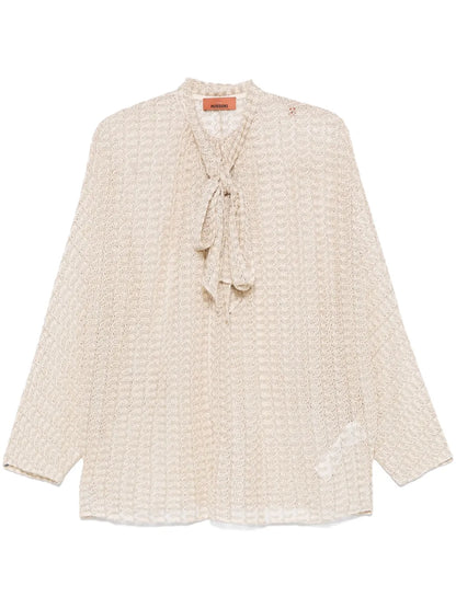 Sash-Collar Lamé Blouse