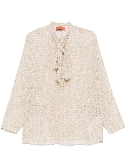 Sash-Collar Lamé Blouse