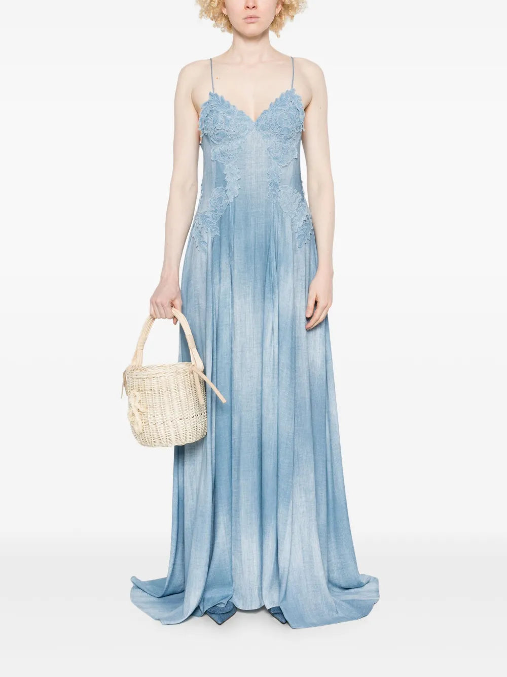 Denim-Print Lace-Detail Maxi Dress