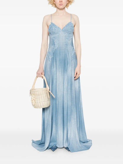 Denim-Print Lace-Detail Maxi Dress
