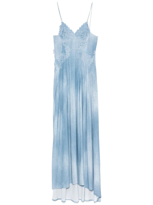 Denim-Print Lace-Detail Maxi Dress