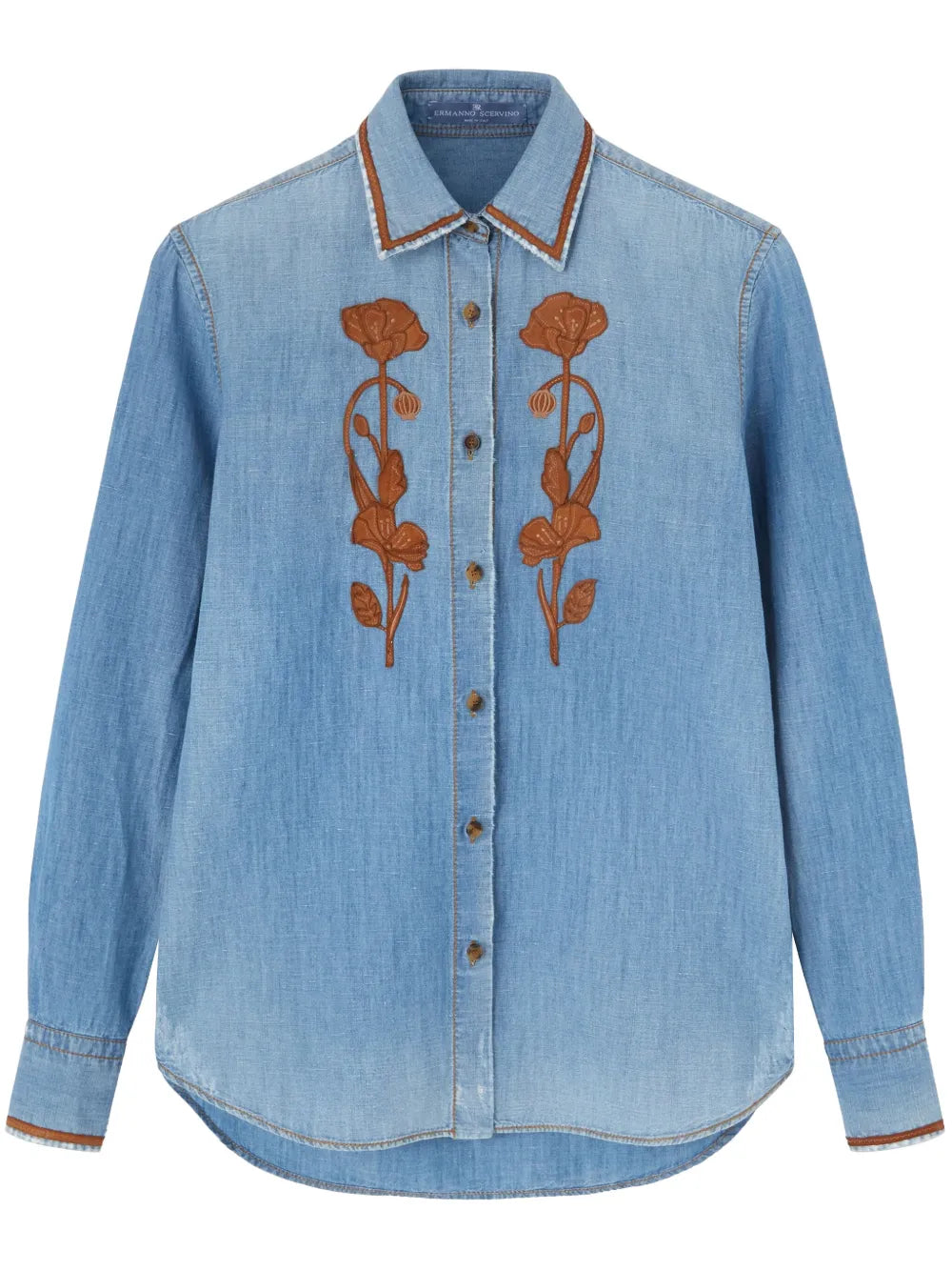 Floral-Embroidered Denim Shirt