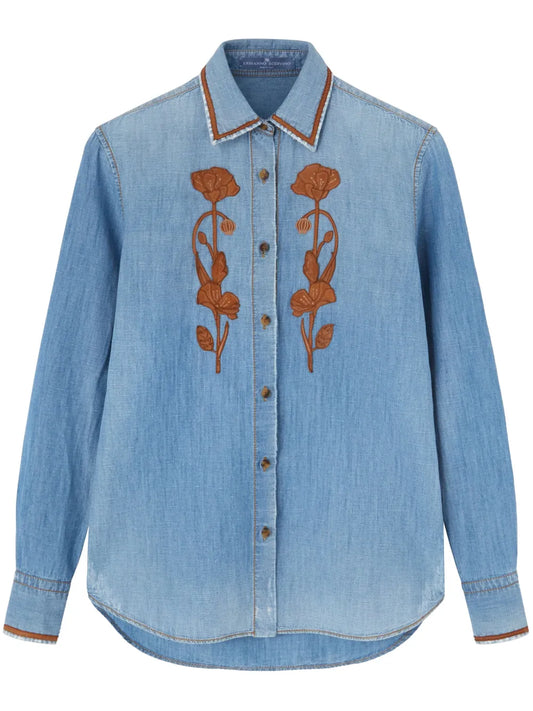 Floral-Embroidered Denim Shirt