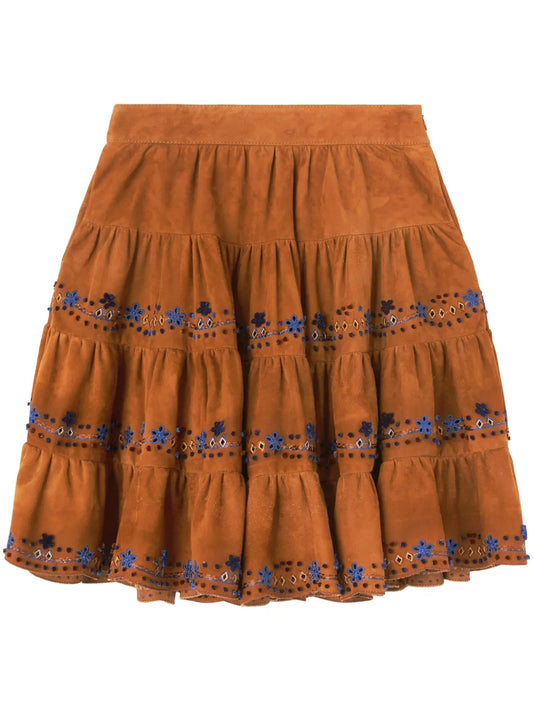 Floral-Embroidered Suede Skirt