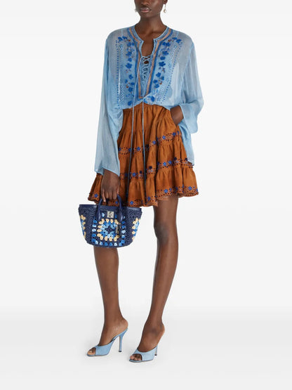 Floral-Embroidered Suede Skirt