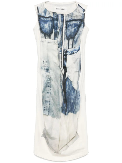Denim-Print Midi Dress