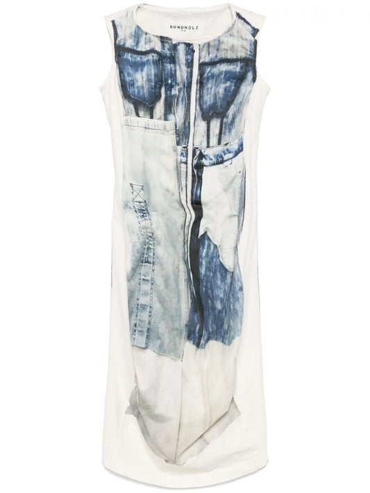 Denim-Print Midi Dress
