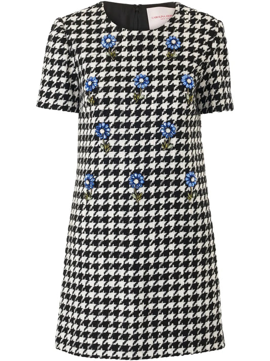 Embroidered Houndstooth Mini Dress