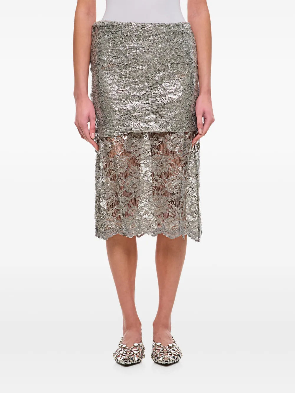Lace Overlay Metallic-Sheen Skirt