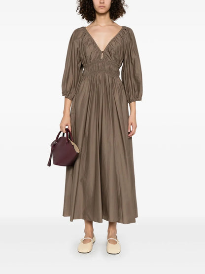 Shirred Plunge Midi Dress