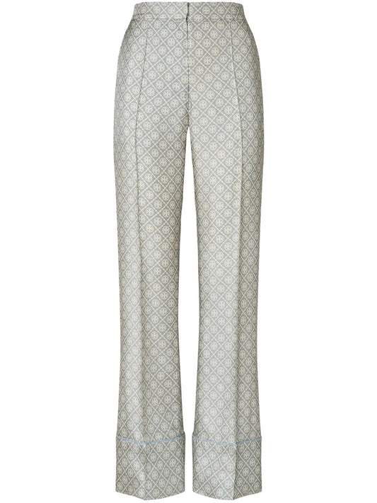 T Monogram-Print Silk Trousers