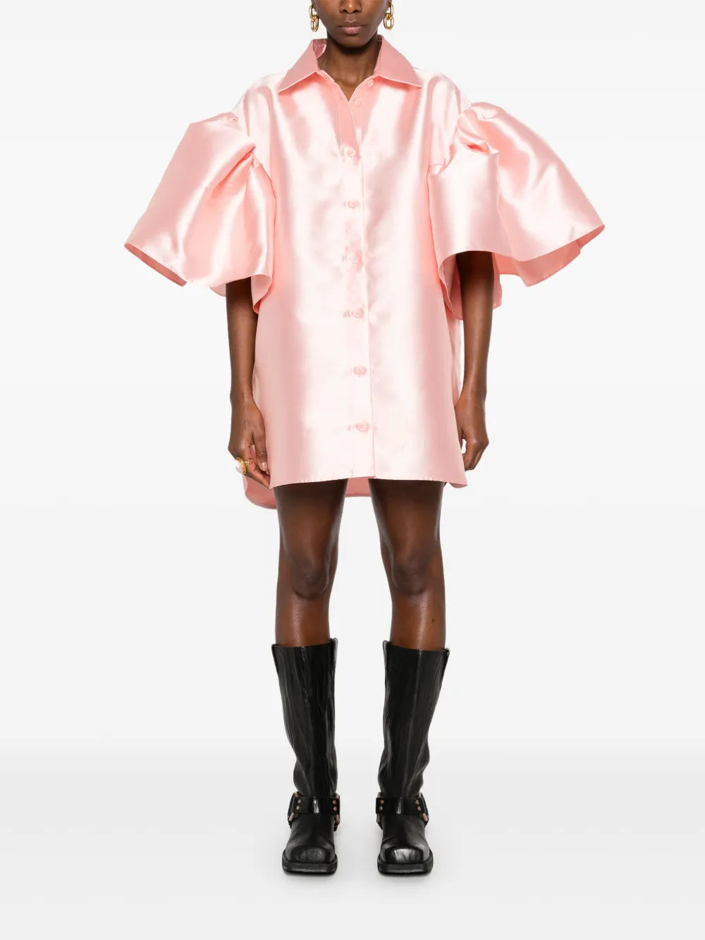 Mikado-Fabric Pleated-Sleeves Shirt