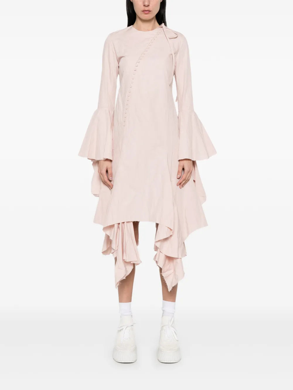 Asymmetric Frilled-Sleeves Midi Dress